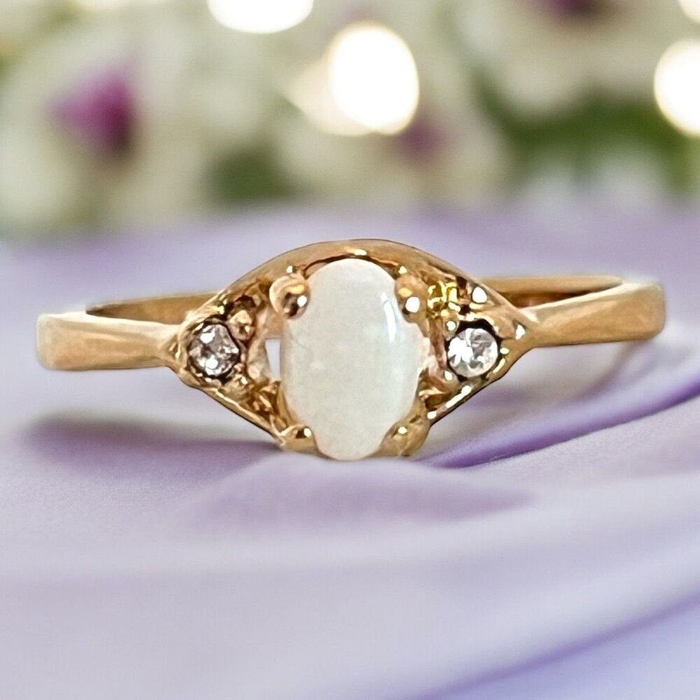 Vintage 1970s Uncas Opal Ring Size 6 14K Gold Plate Austrian Crystal -14M